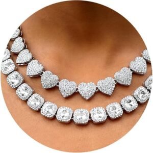 Women’s 18+20” Zinc Necklace, Clustered Diamond Tennis Chain & Heart Necklace Set, Hip Hop Jewelry, Gold, Cuban Link, for Female, Gifts