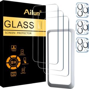 Ailun 3 Pack Screen Protector for iPhone 15 Pro Max [6.7 inch] + 3 Pack Camera Lens Protector with Installation Frame,Sensor Protection,Dynamic Island Compatible,Case Friendly Tempered Glass Film