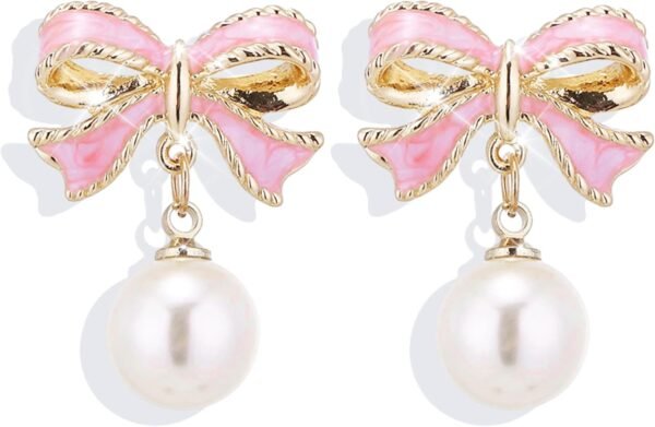 Gold Pearl Bow Earrings For Women Trendy Pink Coquette Drop Stud Ribbon Silver Earrings Dangle Jewelry - Unique Gifts For Wife Valentines Day Preppy Cute Teen Girls Accessories 2024