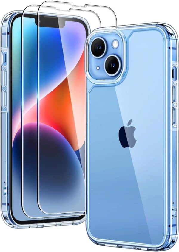 TAURI 3 in 1 for iPhone 14 Case Clear, [Not Yellowing] with 2X Screen Protectors, [Military-Grade Drop Protection] Shockproof Slim 14 Cover 6.1 Inch