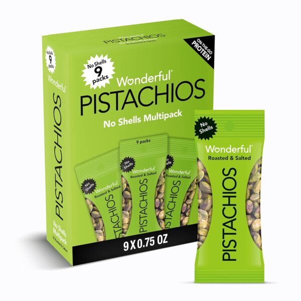Wonderful Pistachios No Shells, Roasted & Salted Nuts, 0.75 Ounce Bags (Pack of 9), Protein Snack, On-the-Go, Individually Wrapped Healthy Snack